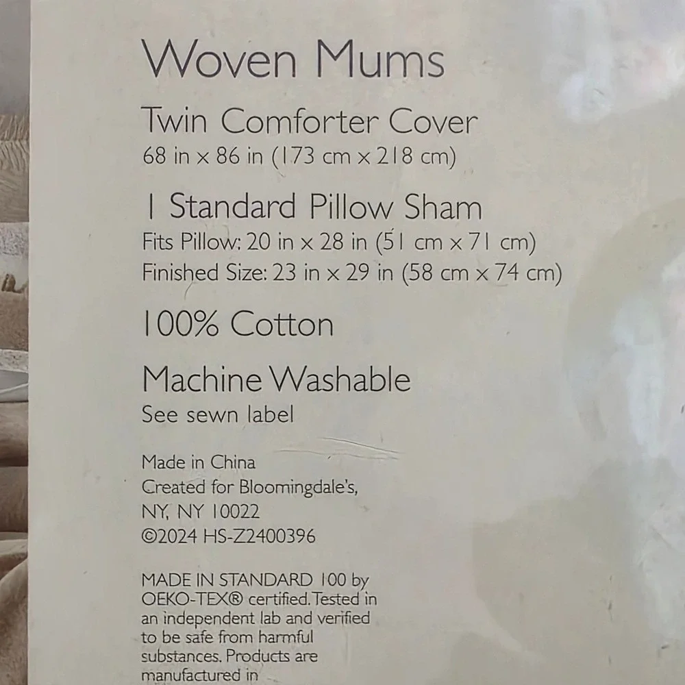 Sky Woven Mums Comforter Cover Set Twin Beige 100% Cotton Floral 2pc New